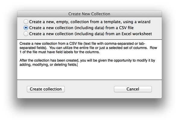 Create New Collection dialog