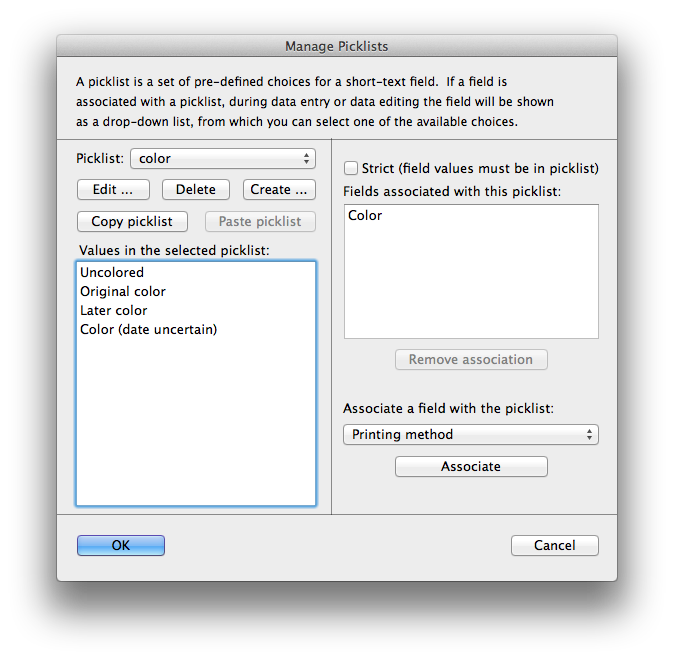 Manage Picklists dialog