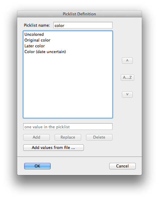 Manage Picklists dialog