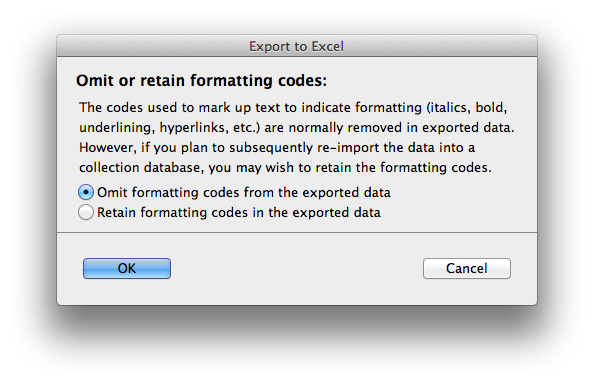 Export to Excel dialog